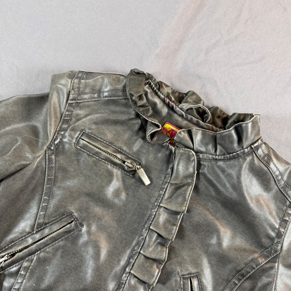 Vintage Girls Black Faux Leather Ruffle Moto Biker Jacket Size 4T Distressed